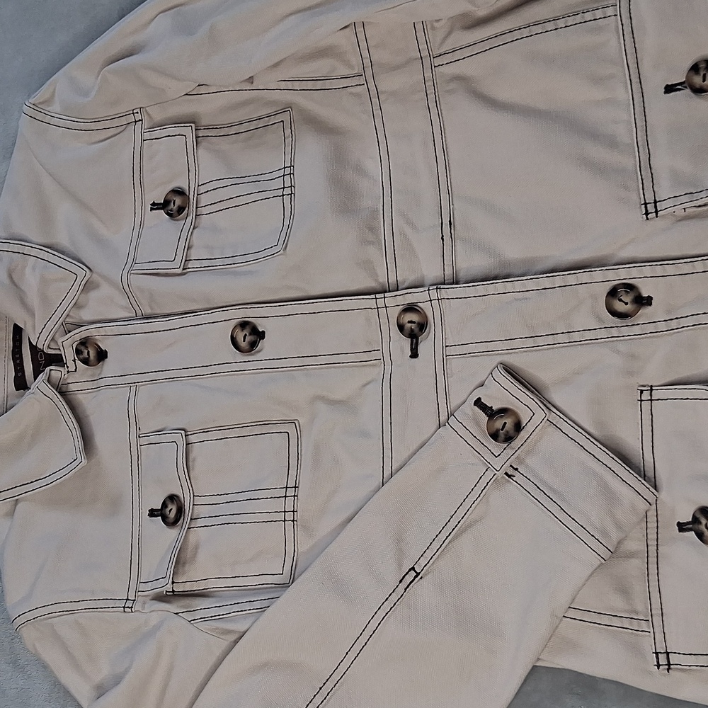Bandolino Stretch Denim Women's Trench Coat Ivory Brown Mid Length Sz 6